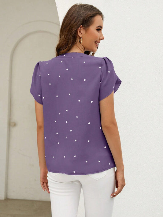 Purple Short Sleeve Embroidered Notched Neck Printed Top 