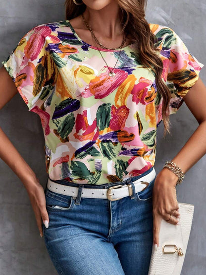 WesternStitchMulticolor Soft Fabric Floral Print Rolled-Up Short Sleeves Women Fit Top 