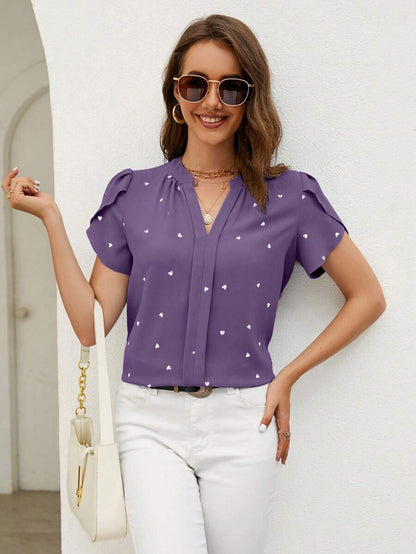 Purple Short Sleeve Embroidered Notched Neck Printed Top 