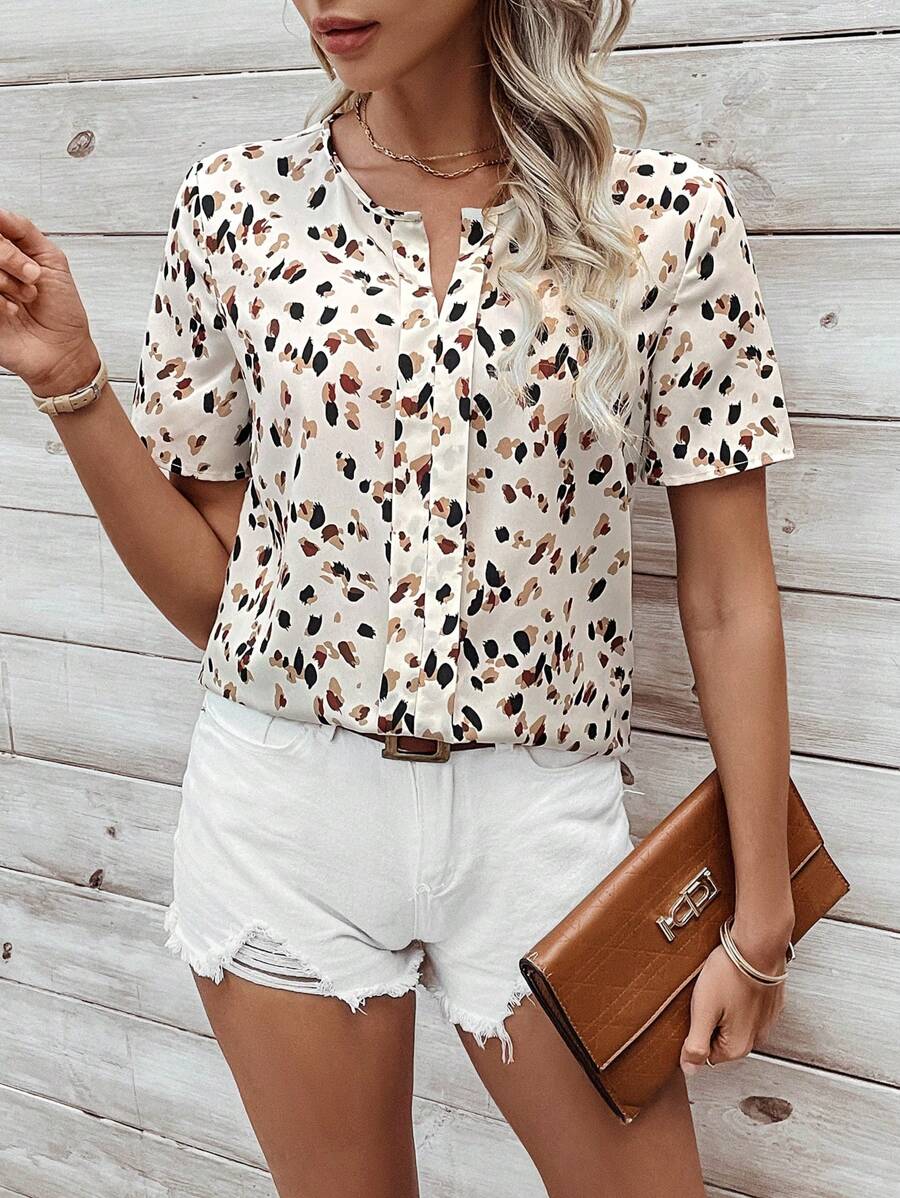 WesternStitchWhite Soft Fabric Abstract Stripe Print Rolled-Up Short Sleeves Round Neckline Relaxed Fit Top For Women & Girls 