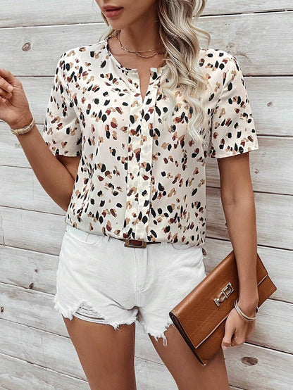 WesternStitchWhite Soft Fabric Abstract Stripe Print Rolled-Up Short Sleeves Round Neckline Relaxed Fit Top For Women & Girls 
