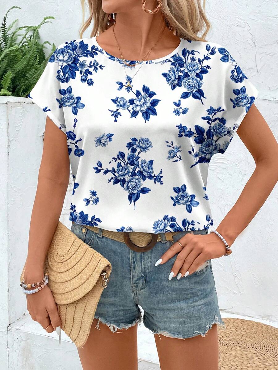 WesternStitchMulticolor Soft Fabric Floral Print Rolled-Up Short Sleeves Round Neckline Relaxed Fit Top For Women & Girls 