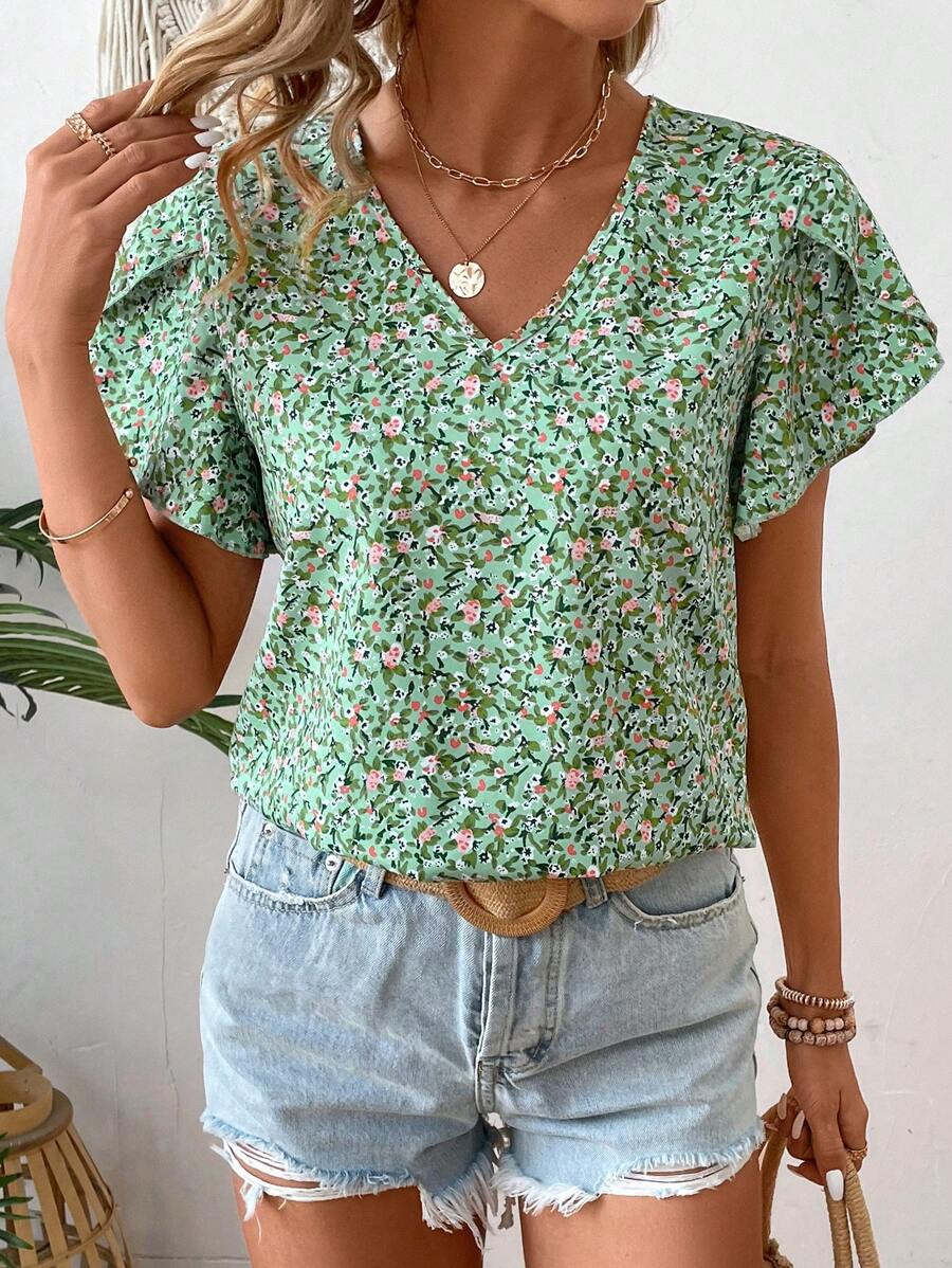 WesternStitchPrint Rolled-Up Short Sleeves Round Neckline Relaxed Fit Top For Women & Girls 