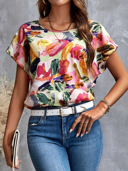 WesternStitchMulticolor Soft Fabric Floral Print Rolled-Up Short Sleeves Women Fit Top 
