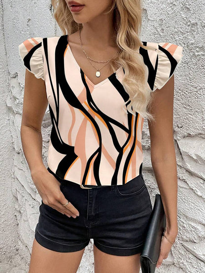 Multicolor Soft Fabric Abstract Stripe Print Rolled-Up  Relaxed Fit Top For Women & Girls 