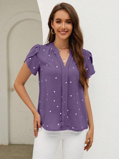 Purple Short Sleeve Embroidered Notched Neck Printed Top 