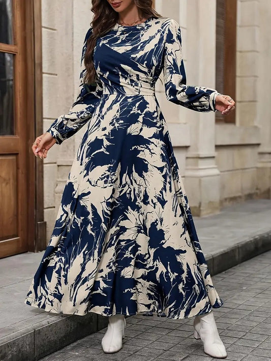 WesternStitch Allover Print Crew Neck Dress, Elegant Long Sleeve Ankle Length Dress WesternStitch