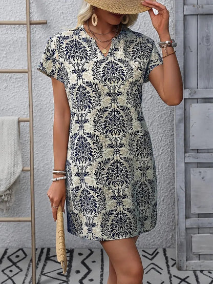 WesternStitch Ethnic Floral Print Dress, Vintage Notched Neck Short Sleeve Dress WesternStitch